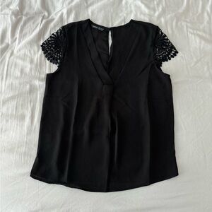 Black V-Neck Blouse With Lace Cap Sleeves